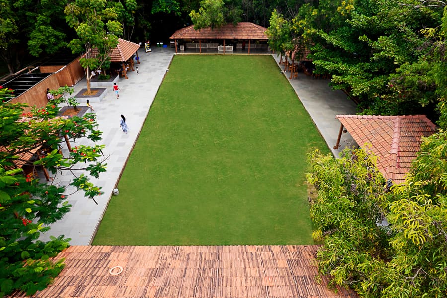The main lawn seen from above, ready for a full wedding setup